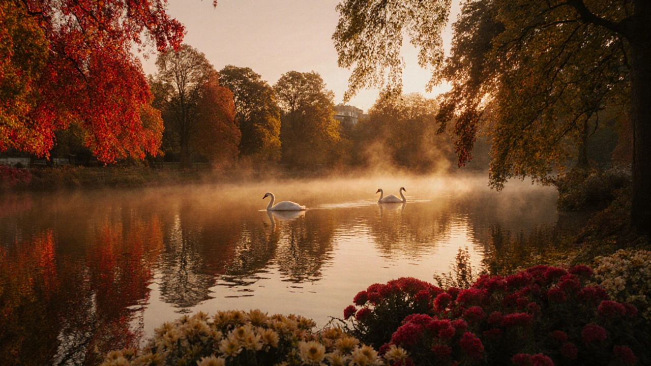 Autumnal St James's Park lake framed by golden trees, swans, and colorful mums.