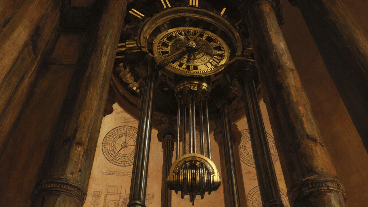 Close‑up illustration of Big Ben's clock mechanism showing gears, pendulum, and rods.