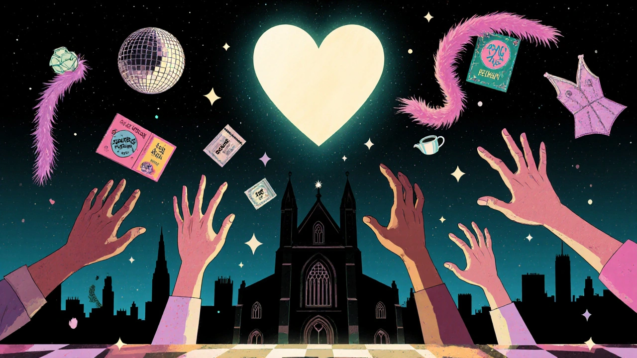Collage of hands reaching toward a glowing heart, floating fragments of queer culture and history, silhouetted church building below.