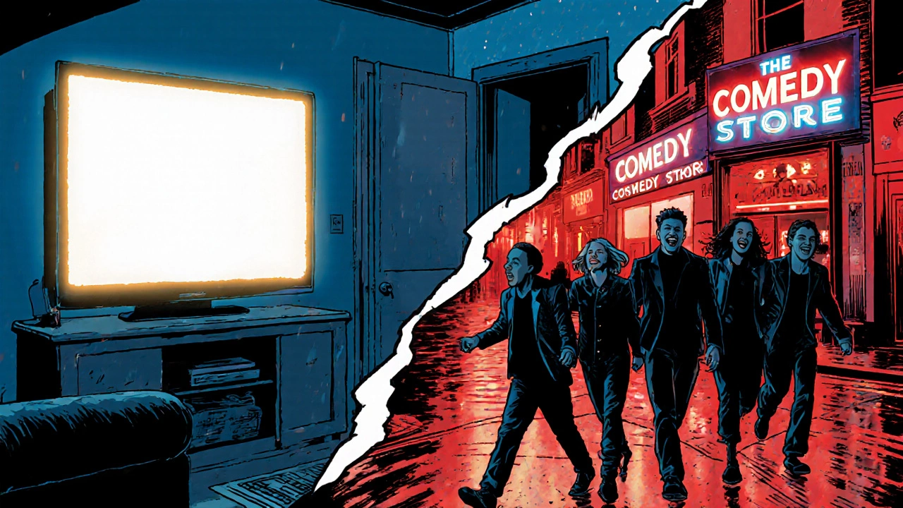 Comic‑style panel of friends leaving a flat after binge‑watching, heading to a comedy club.