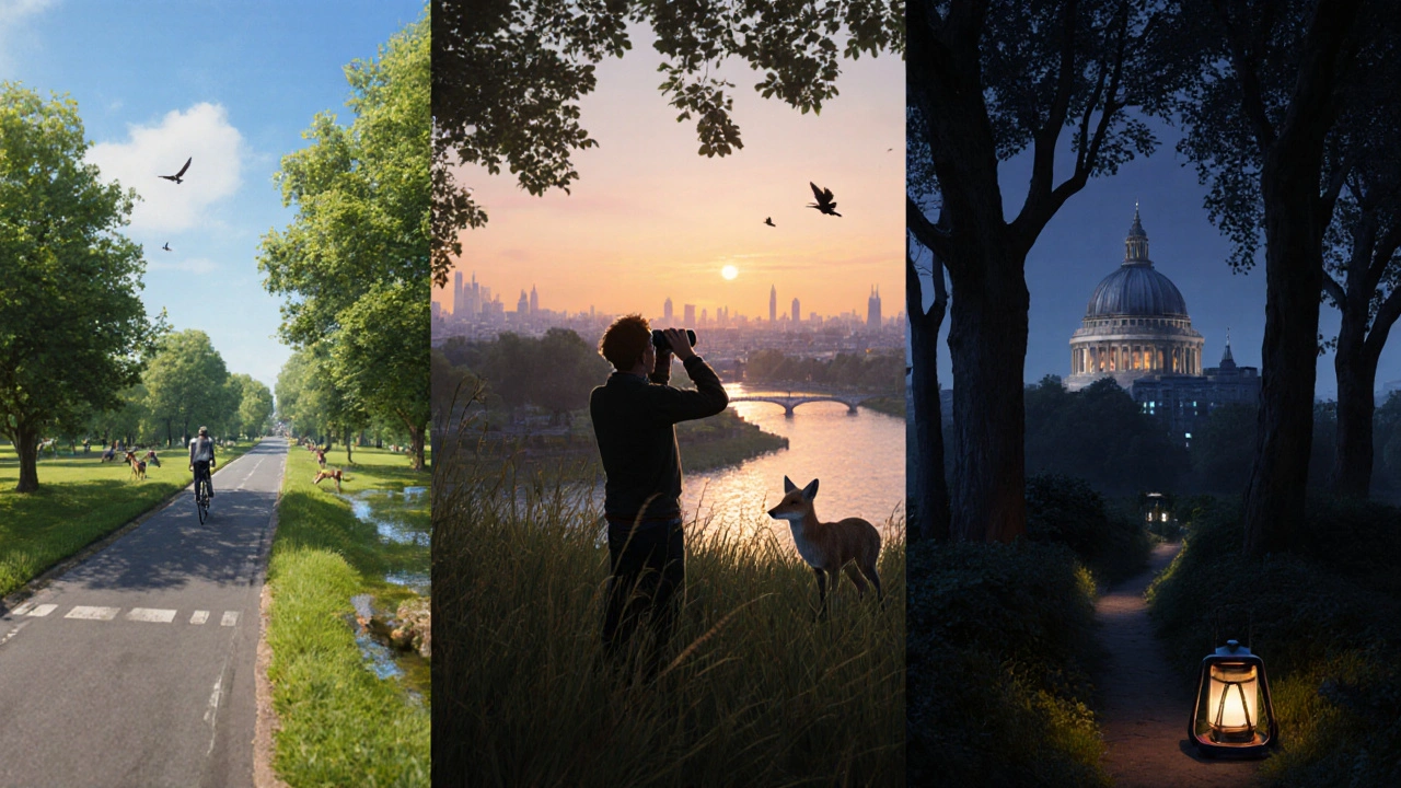 Cyclist, birdwatcher and night trail illustrating four London parks in one scene.