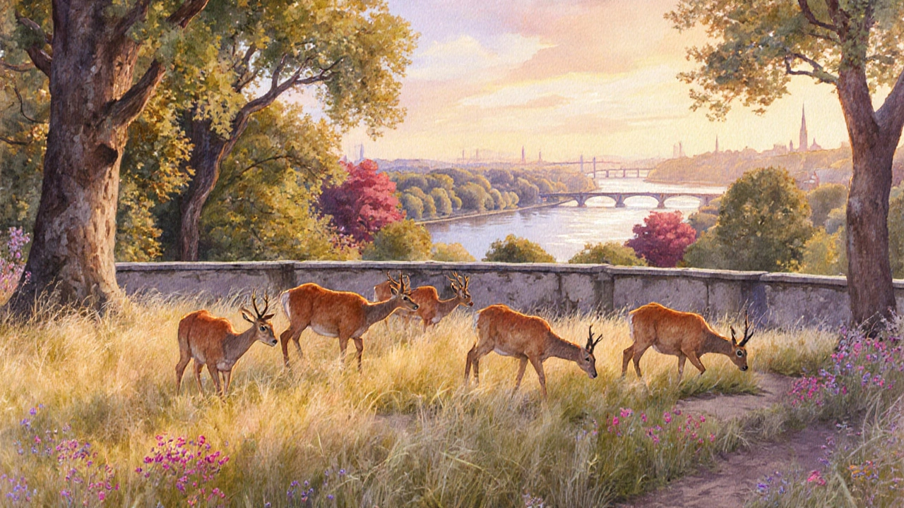 Deer grazing near King Henry’s Mound with the Thames visible beyond.