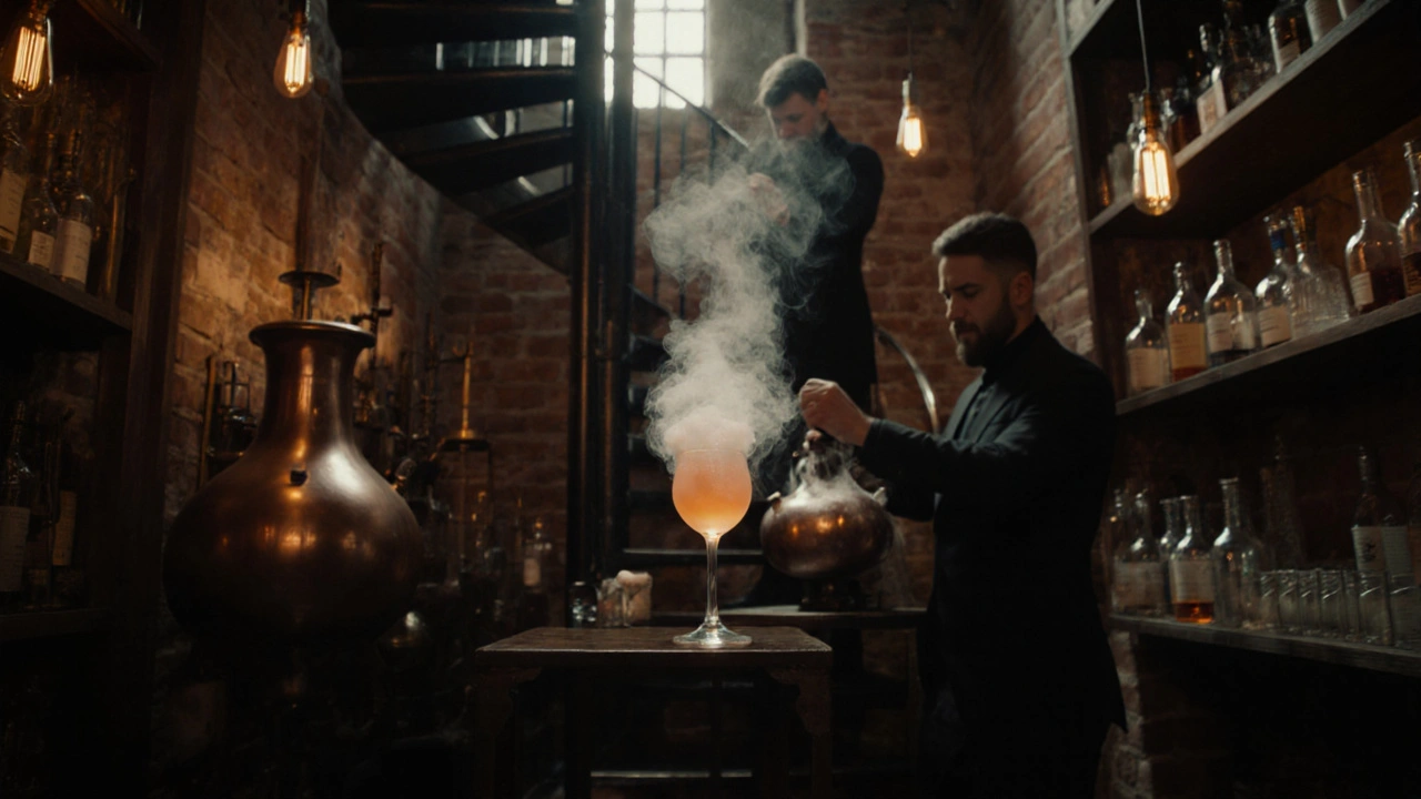 Dim speakeasy lab with mixologists preparing a smoky cocktail in glassware.