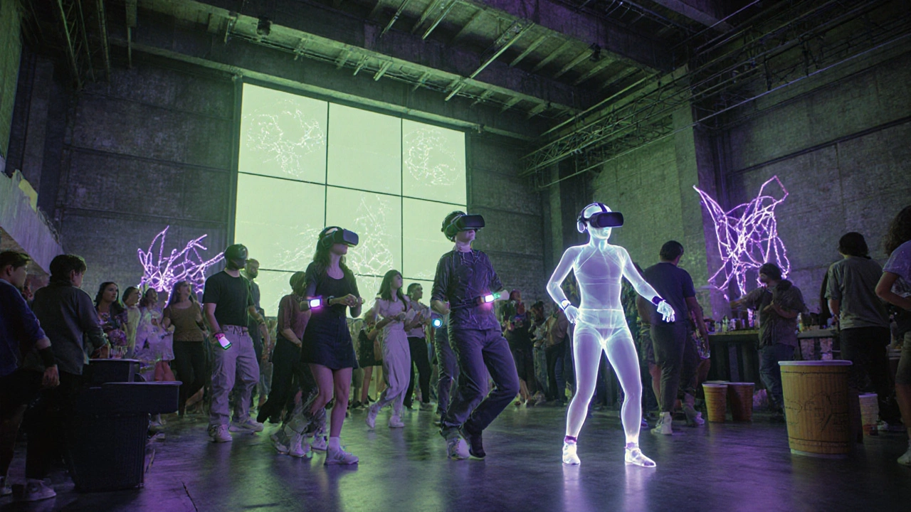 Eco‑friendly Printworks venue with LED walls, glowing wristbands, and patrons using VR headsets.
