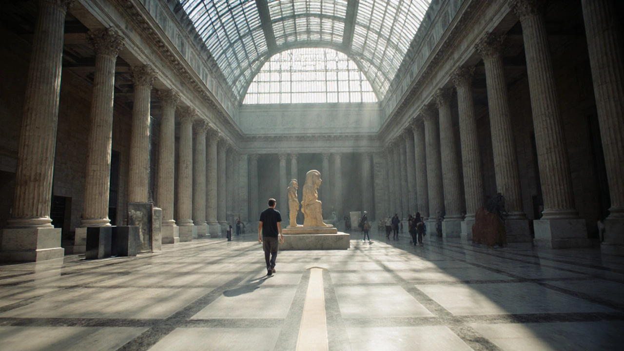 Empty Great Court of the British Museum in morning light with a visitor heading to the Egyptian wing.