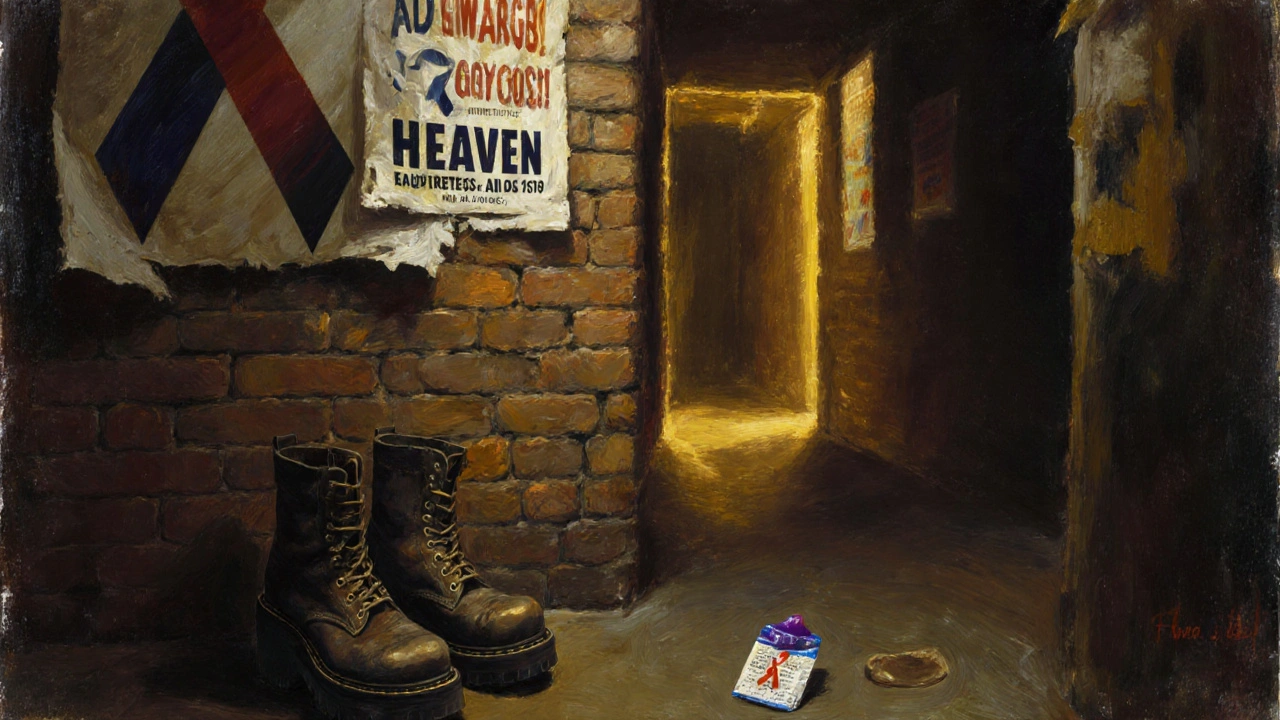 Faded AIDS awareness posters and vintage boots in the dimly lit back corridor of Heaven Nightclub.