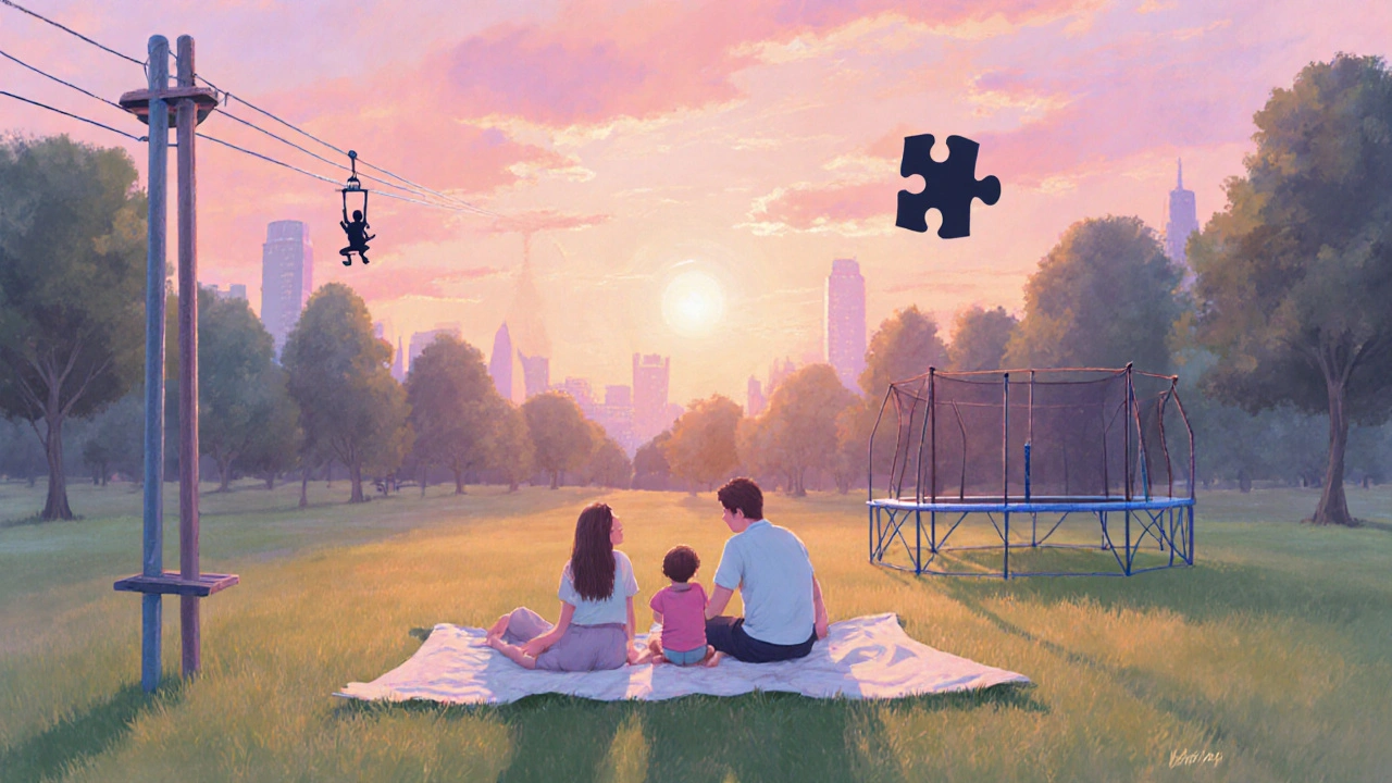 Family picnicking at sunset with subtle hints of adventure activities nearby.