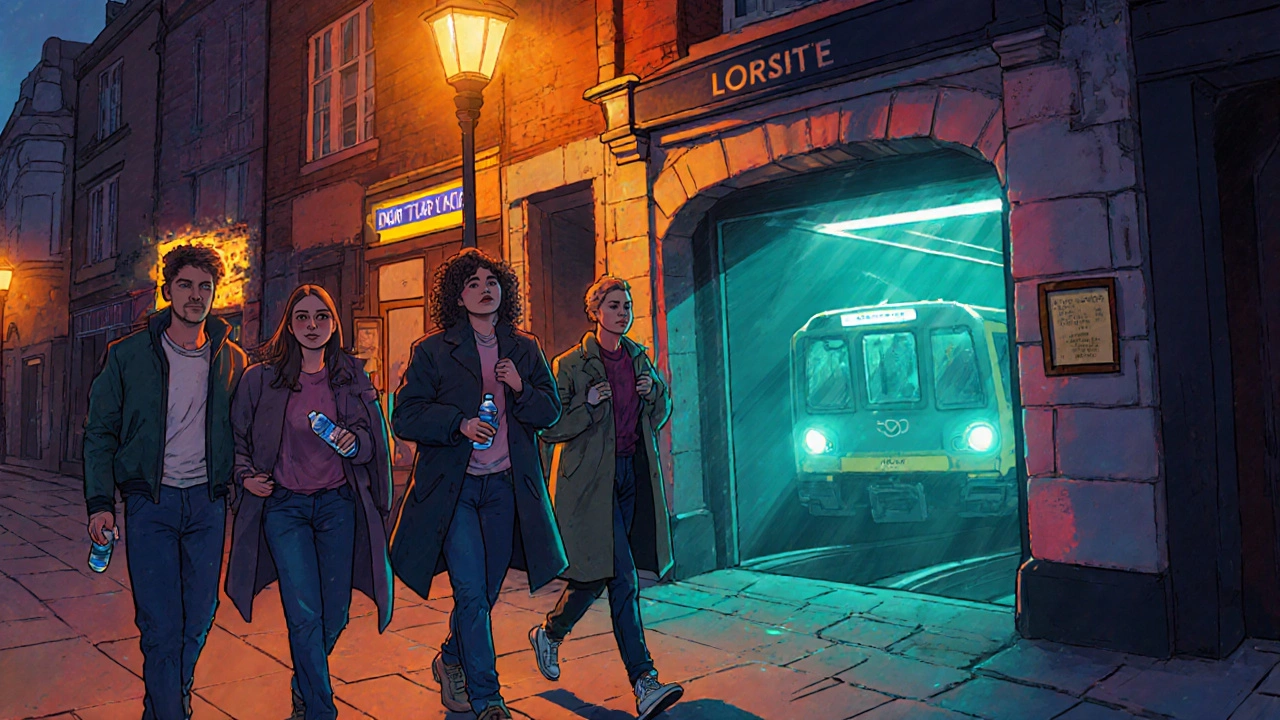 Friends leaving a bar under streetlights, Night Tube train glowing in the background.