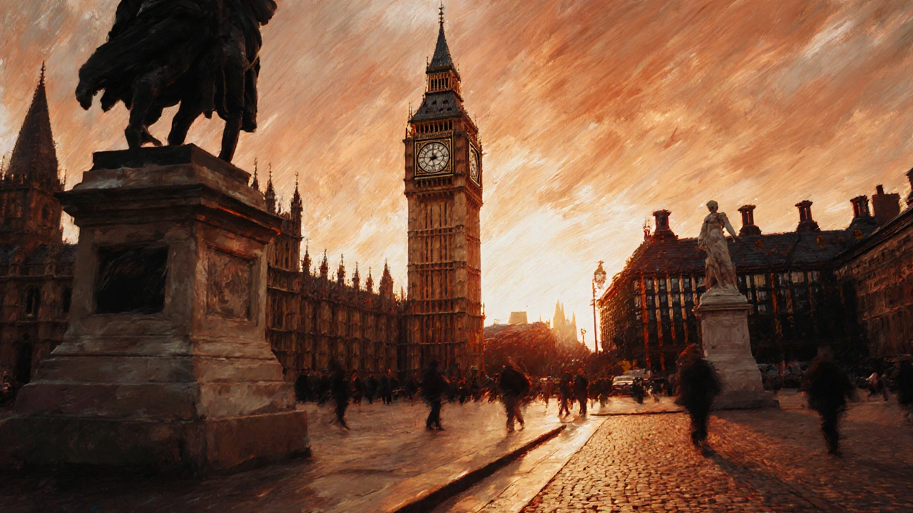 Golden‑hour painting of Big Ben seen from Parliament Square with statue foreground.