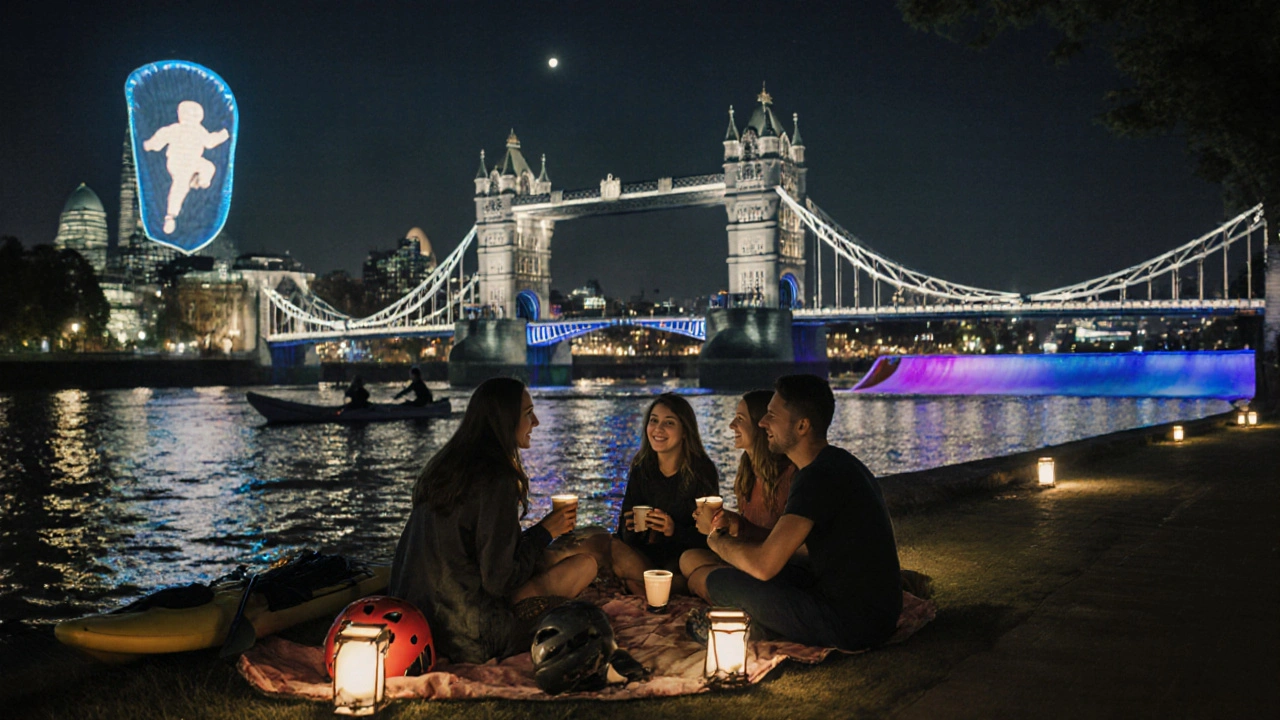Group of friends relaxing by the Thames after a day of kayaking, skydiving and indoor surfing.