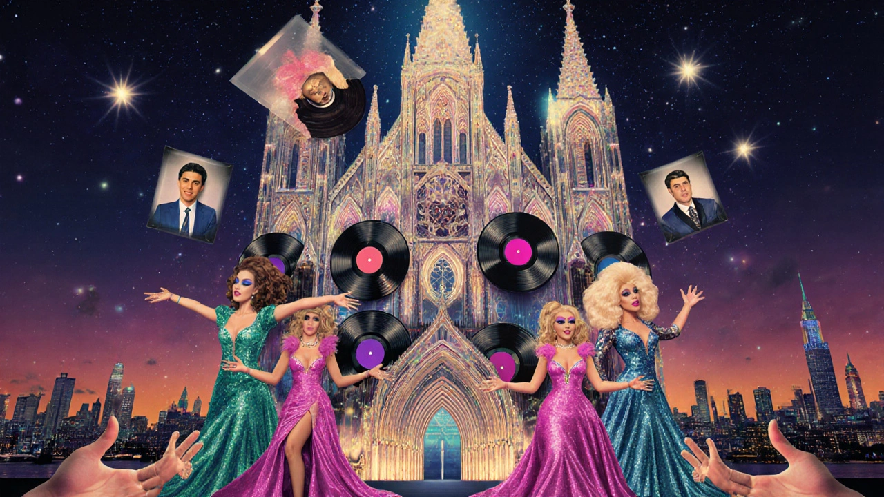 Heaven Nightclub transformed into a glowing cathedral of drag gowns and vinyl records, rising above London’s skyline.