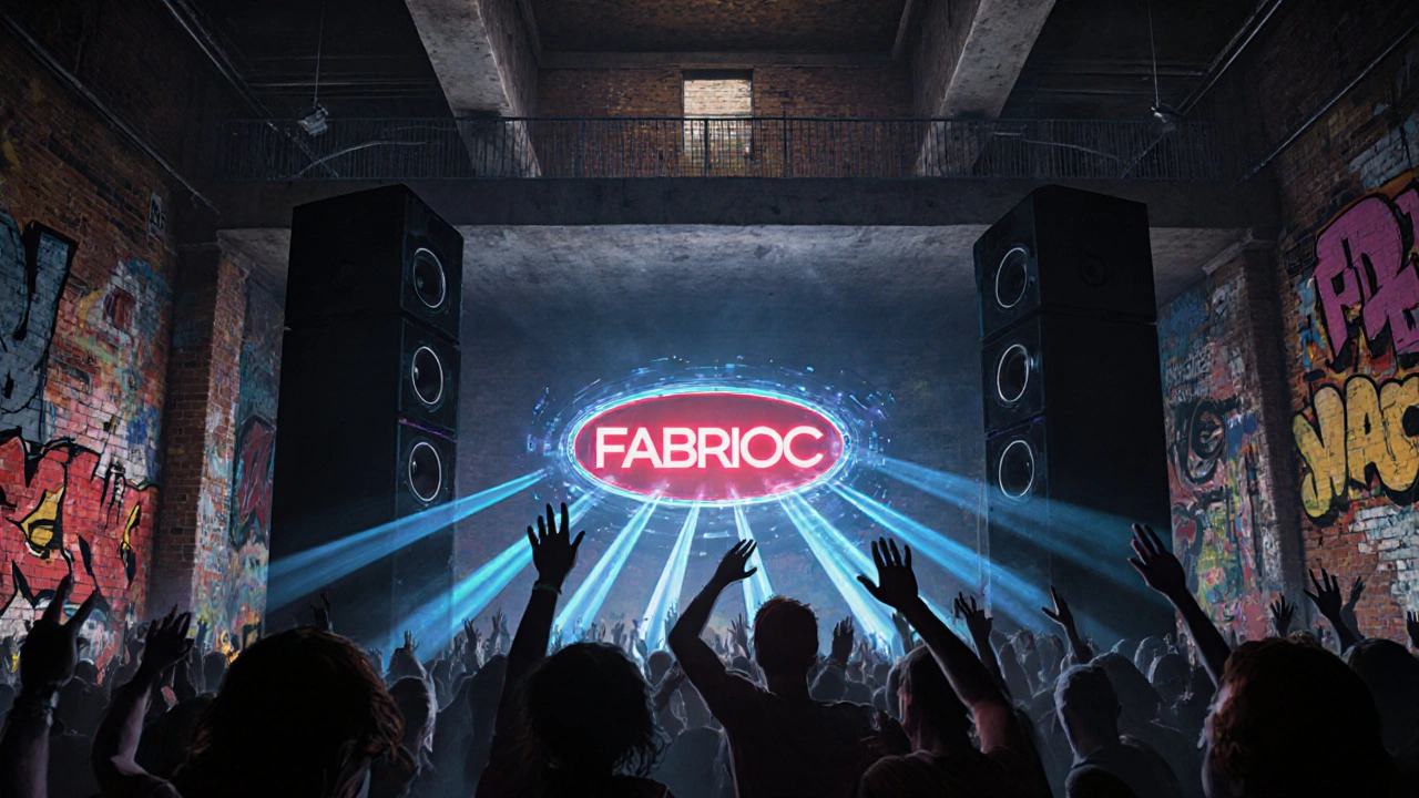 Inside Fabric club with industrial brick, street art, massive speakers, and a crowd dancing under strobe lights.