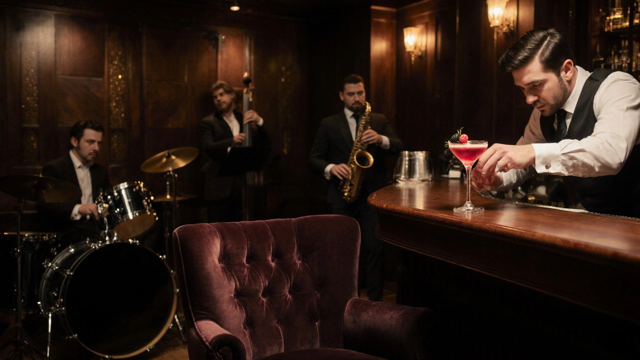 Inside The Nightjar speakeasy with a bartender making a ginger‑blackberry sour cocktail.