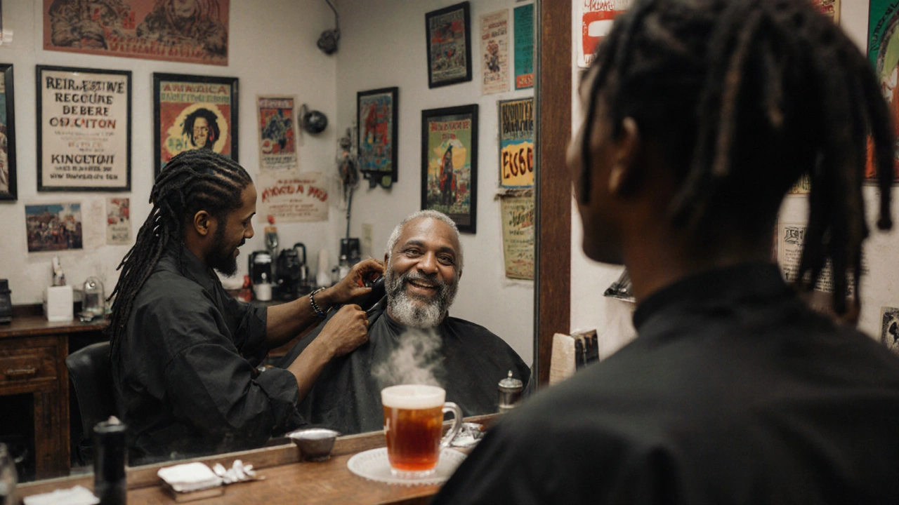 Jamaican barber in Brixton cutting hair while sharing stories with a visitor, surrounded by reggae posters.