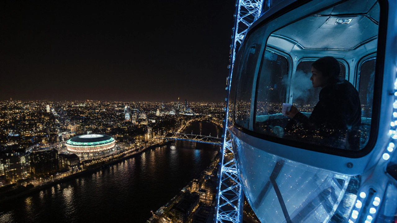 London Eye at night with blue LED lights, glittering city skyline and calm river.