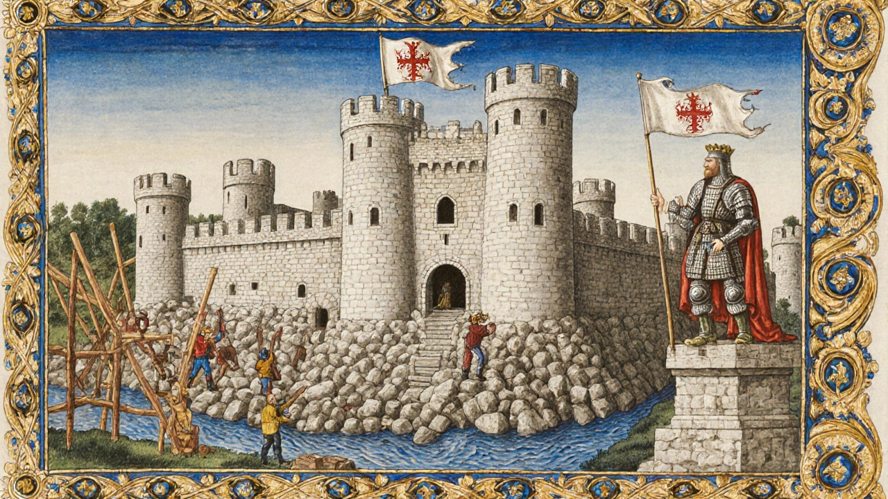 Medieval manuscript scene of William the Conqueror overseeing the White Tower construction.