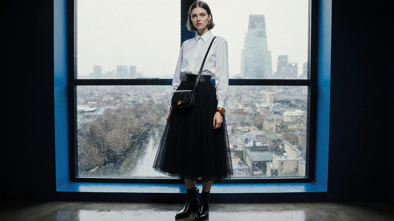 Model in a tulle skirt and black boots poses by a rainy London office window.