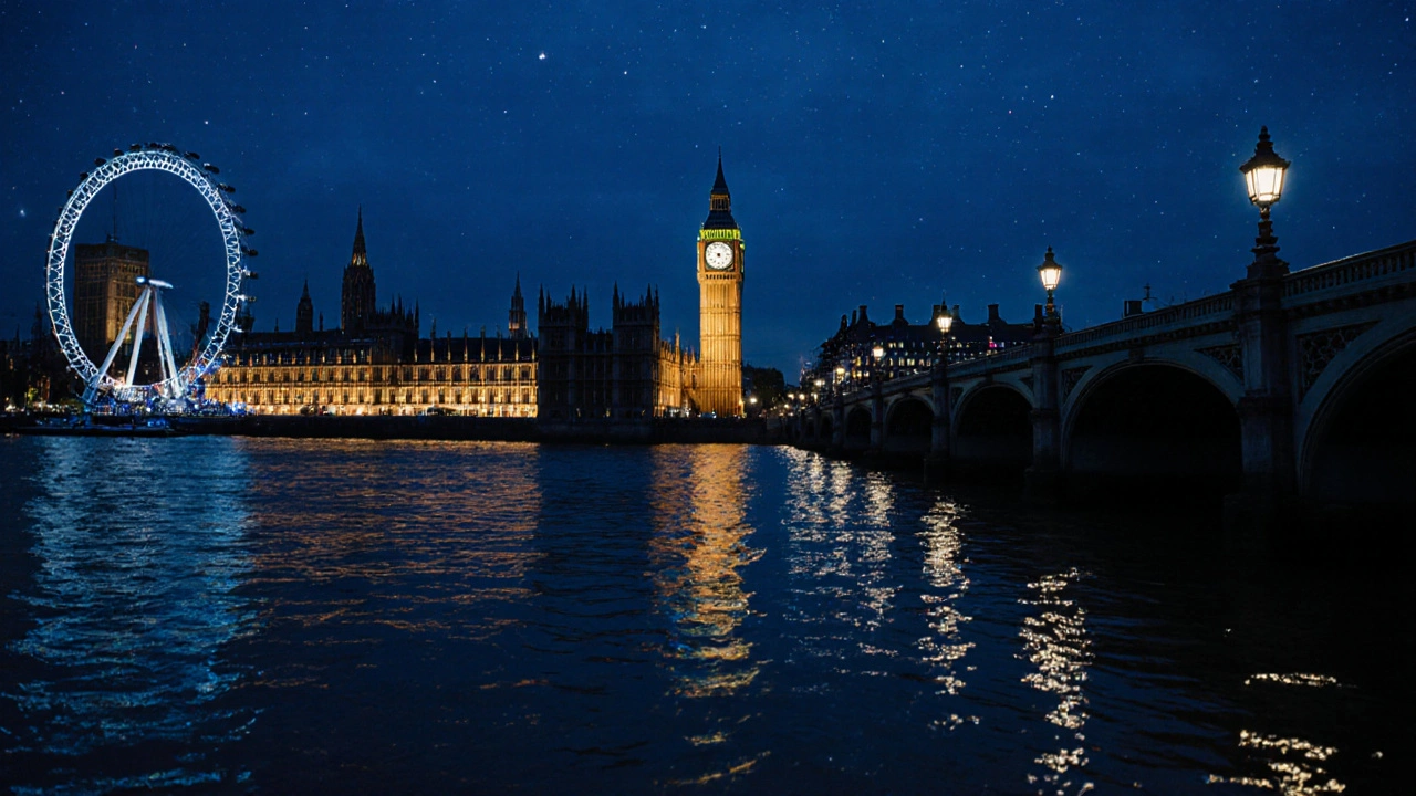 Night scene of Big Ben reflected in the Thames with the London Eye in the background.