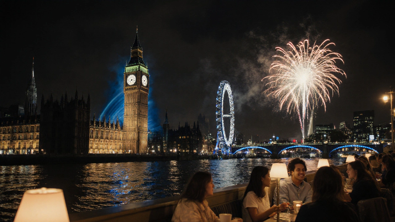 Night scene of the illuminated tower, fireworks, and tourists on the South Bank.