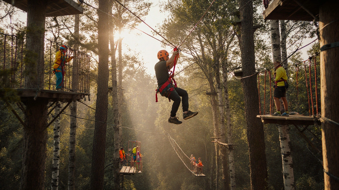 Person zip‑lining over a forest canopy at Go Ape Lee Valley in late afternoon light.