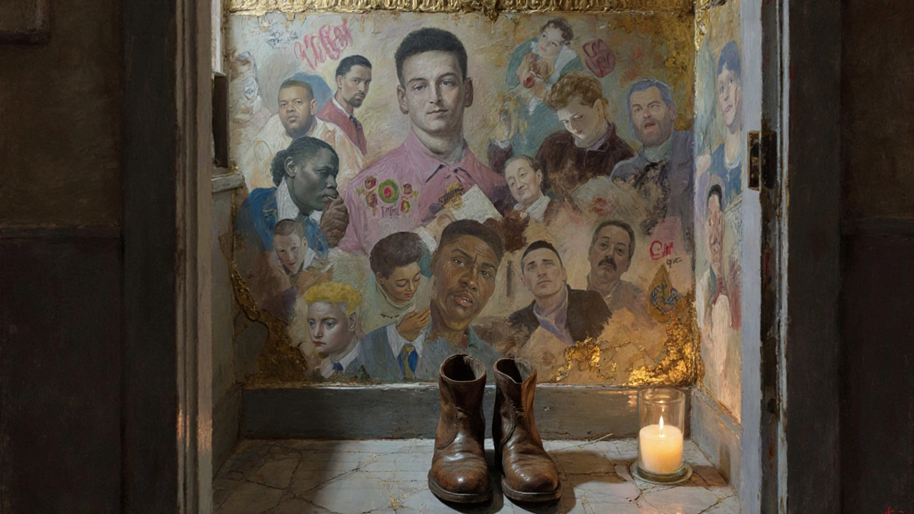 Quiet, reverent view of a 1992 memorial mural in Heaven&#039;s restroom, candles and boots placed below, soft lighting, no people present.