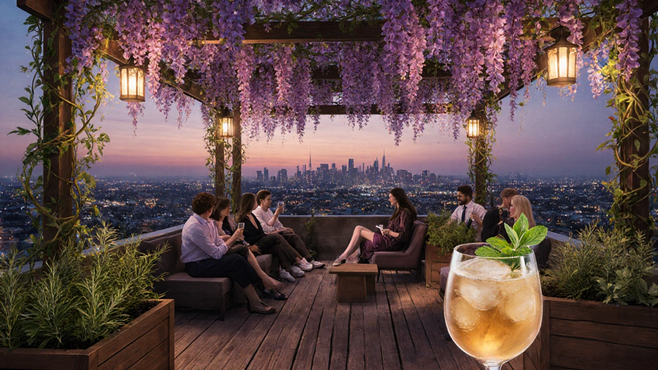 Rooftop garden bar with wisteria pergola, herb planters, and city lights at dusk.