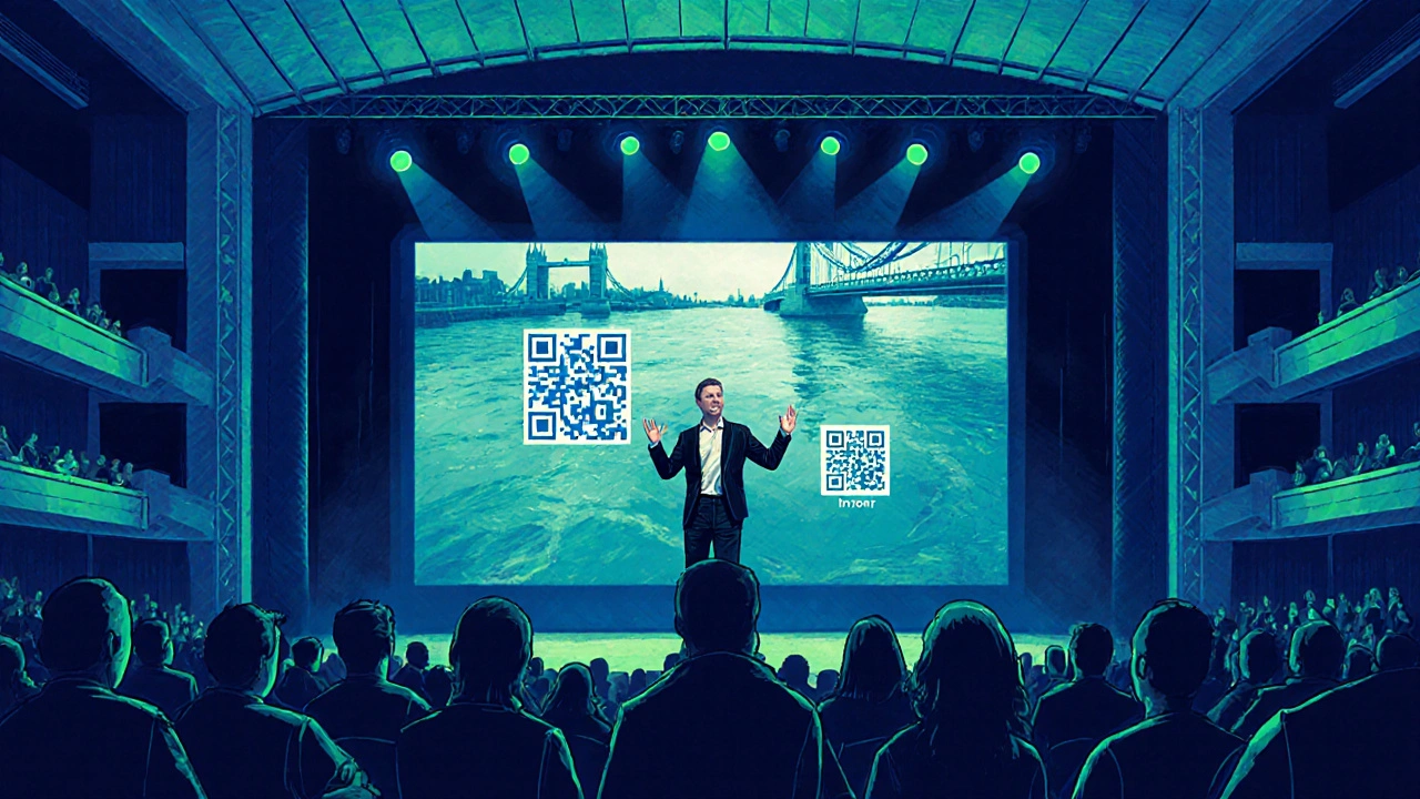 Stand‑up performer at Royal Festival Hall with flood video and QR code projected.
