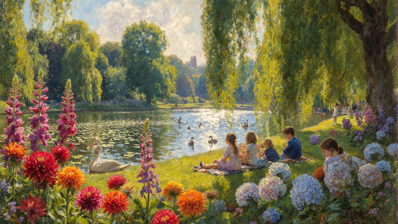 Summer families picnicking near Hyde Park's Serpentine, surrounded by blooming hydrangeas and water lilies.