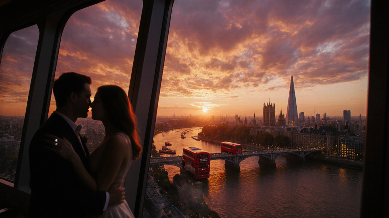 Sunset view from London Eye capsule as city lights begin to glow, couple embracing.