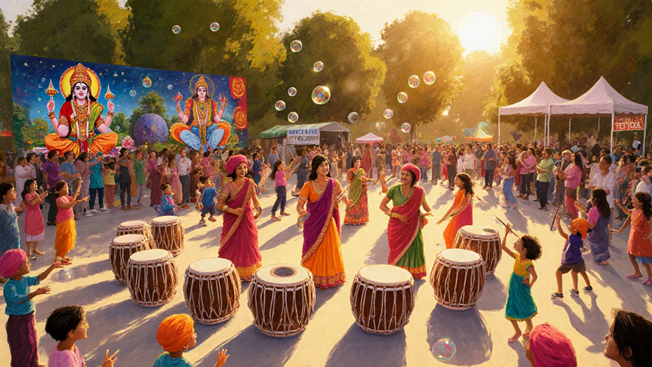 Vibrant London Mela festival with dhol drummers and families enjoying South Asian music and food.