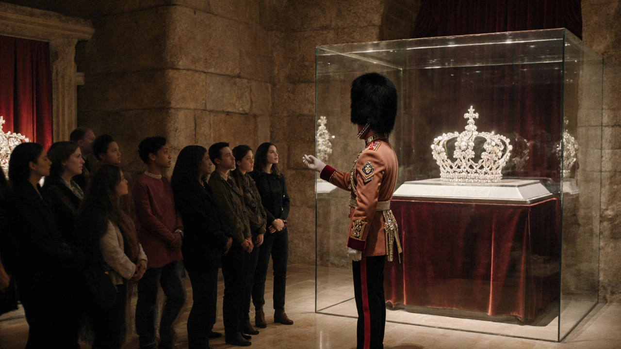 Warm interior of the Jewel House showing Crown Jewels and a Beefeater guiding visitors.