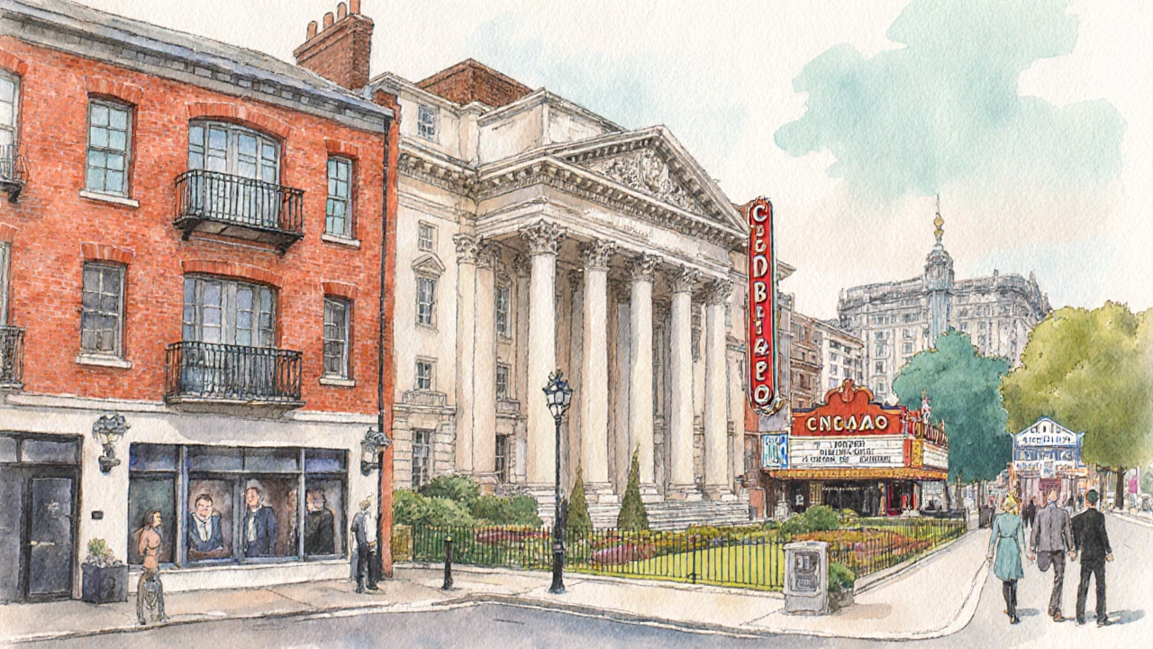 Watercolor collage of Hammersmith office, Gower Street flat, Cliveden House, cinema marquee, and Hyde Park.