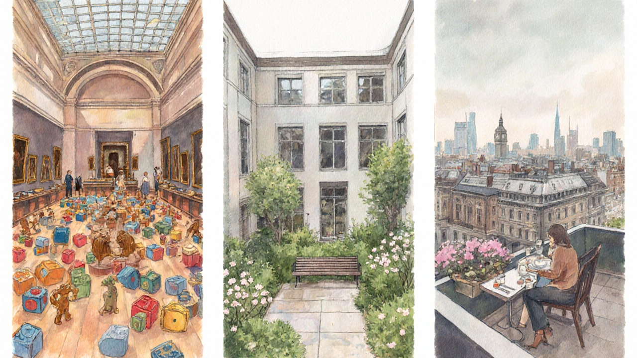 Watercolor scene of a toy gallery, secret garden, and rooftop café overlooking the city.