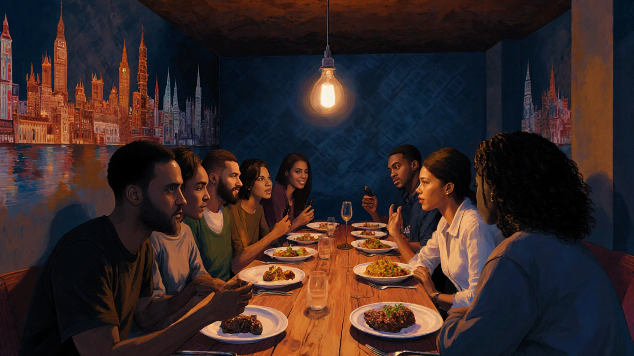 A basement supper club with diverse diners sharing a multi-course meal under a single hanging light.