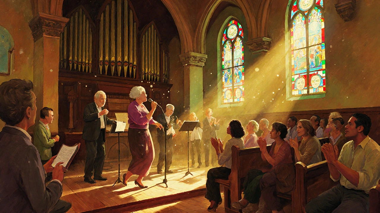 A converted church in Hackney hosting a jazz performance, stained glass casting colored light on dancers and musicians.