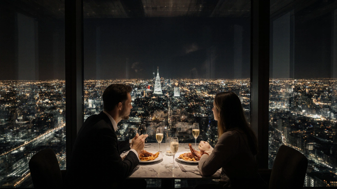 A couple dining at a high-rise restaurant with a glittering London skyline at night.