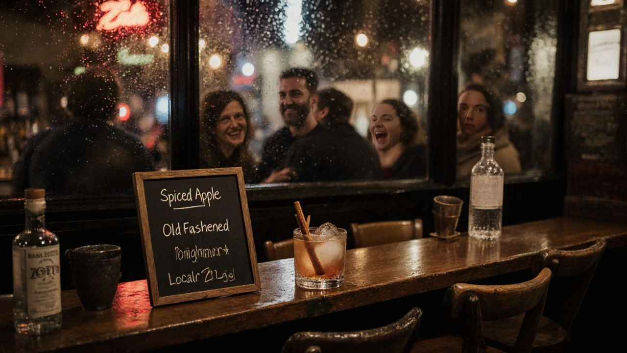 A cozy, unassuming bar in Brixton with a spiced apple old fashioned and locals enjoying quiet moments.