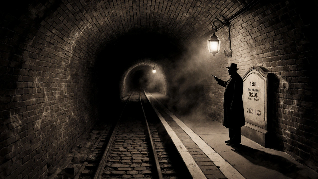 A ghostly underground station platform with chalk marks on brick walls, lit by a vintage lantern.