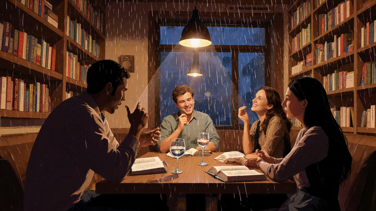 A group discussing a book at The Book Club in Dalston, surrounded by shelves of novels.