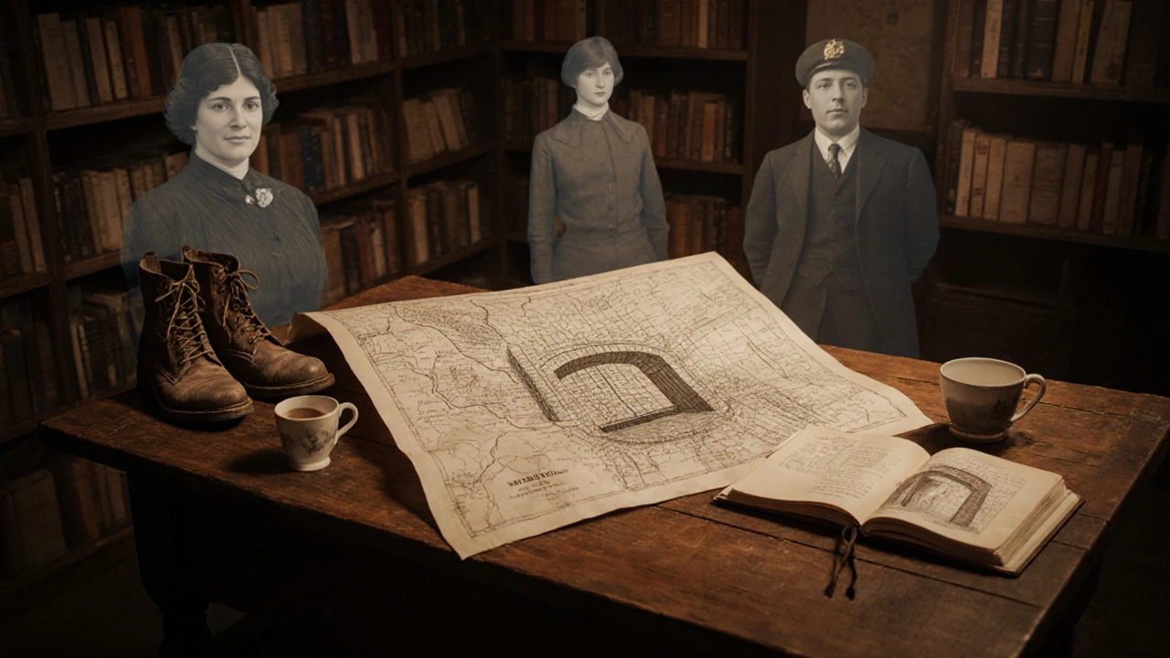 A hand-drawn map and teacup on a wooden table, with faint historical figures appearing as translucent overlays.