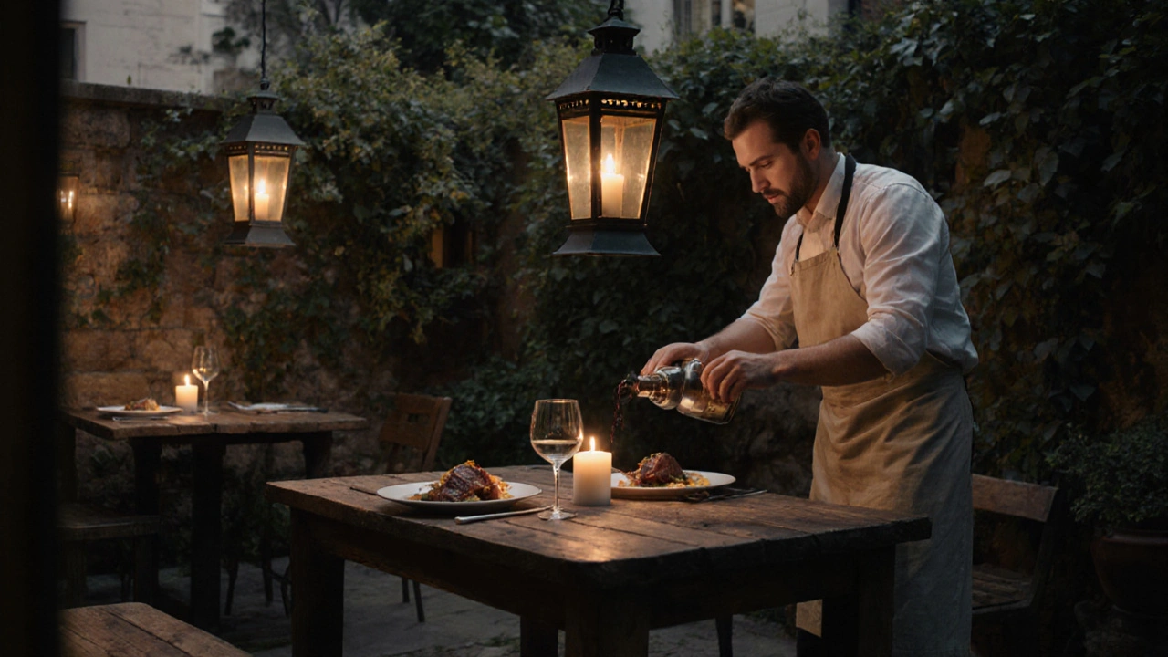 A hidden courtyard with reclaimed oak tables and vintage lanterns, serving French bistro dishes at twilight.