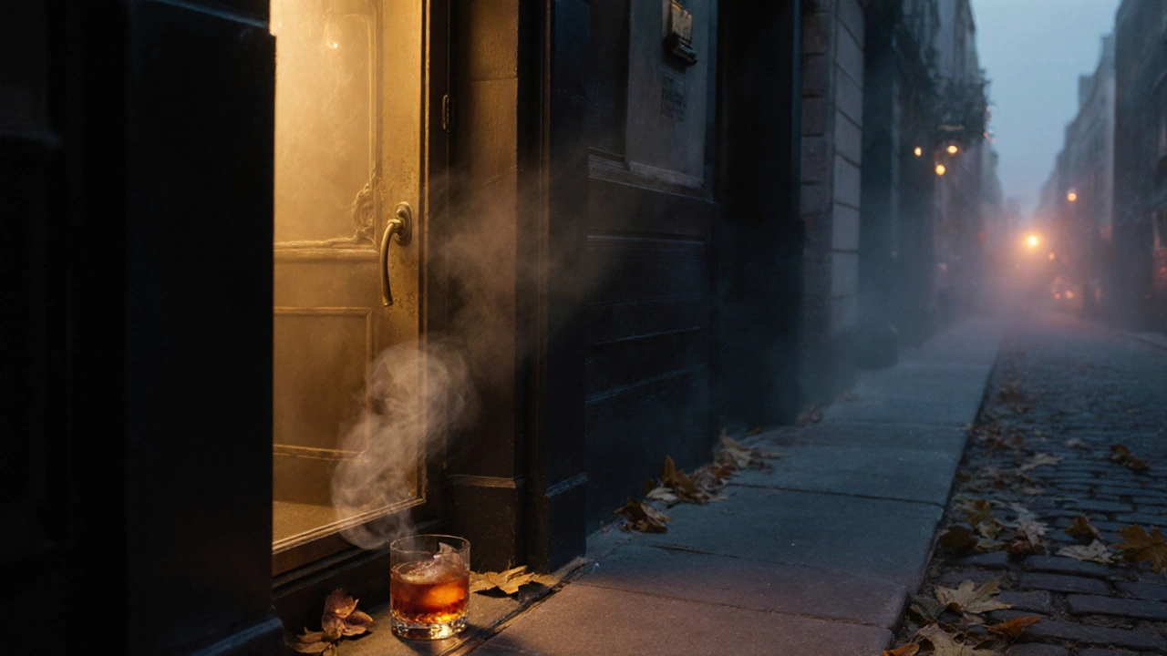 A hidden doorway in a quiet London alley with steam rising from a cocktail, autumn leaves, and soft fog.