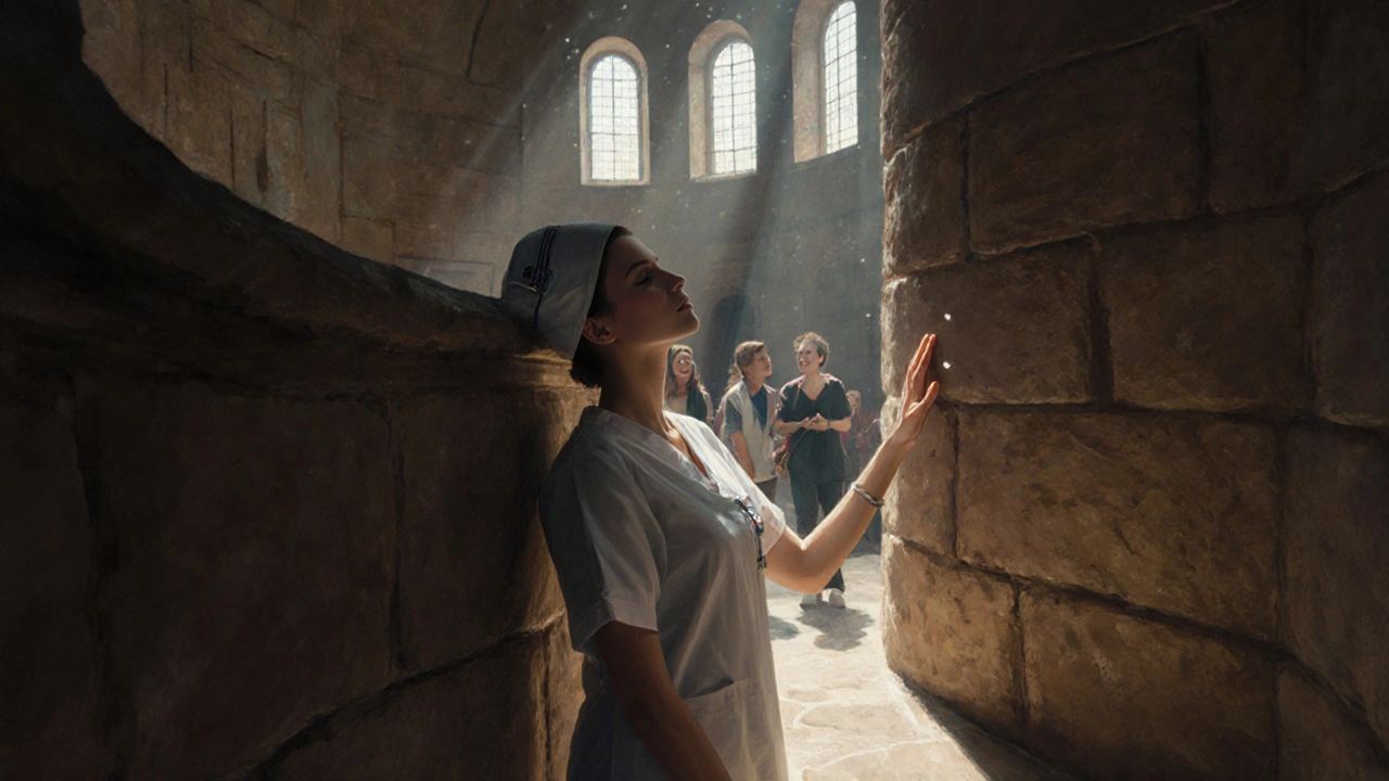A nurse stands alone in the Whispering Gallery, touching the curved stone wall in quiet reflection.