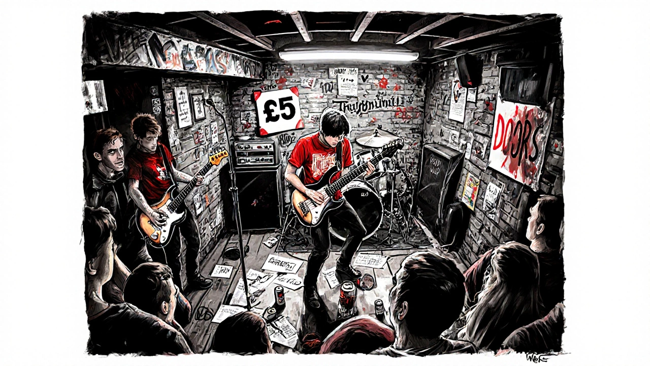 A punk band plays in the cramped basement of The Windmill, fans packed tightly under harsh fluorescent lights.