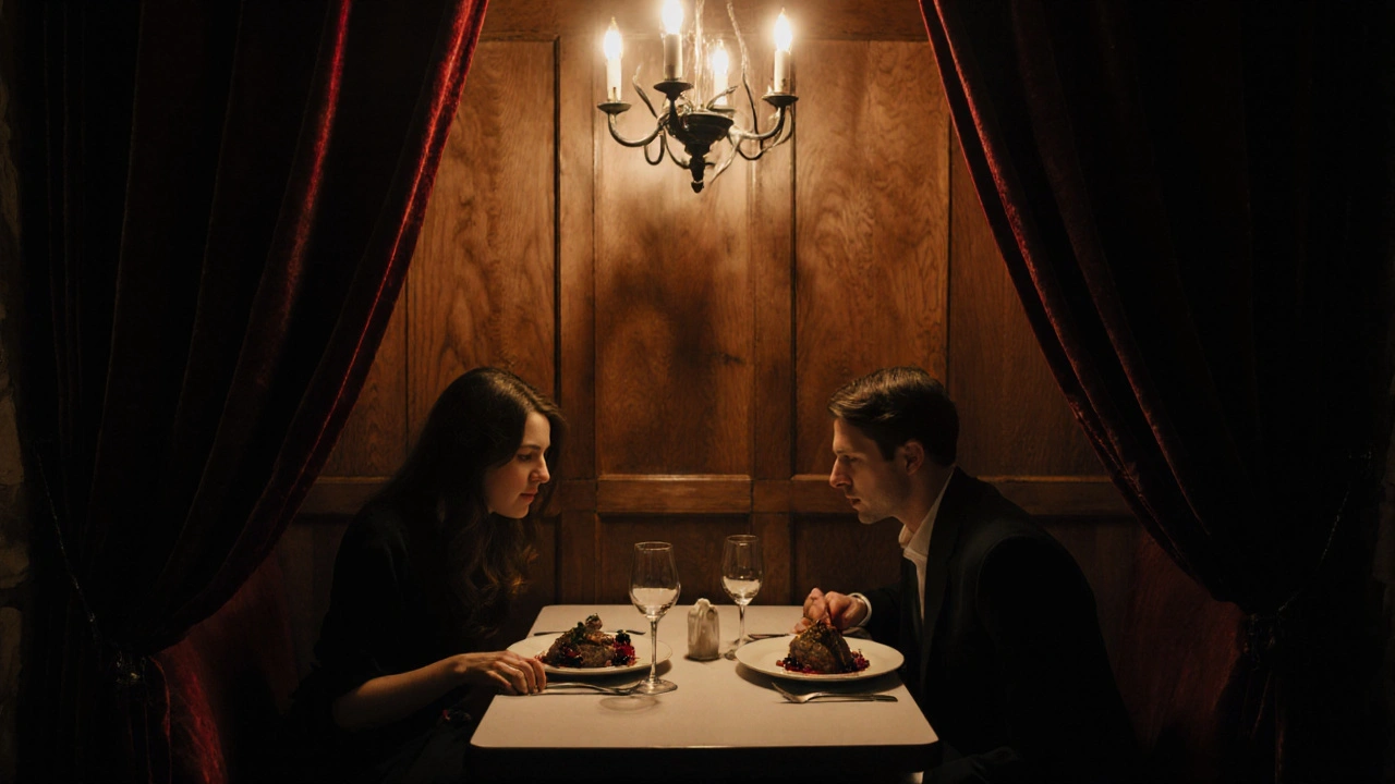 A secret backroom with velvet curtains and a single chandelier, couple enjoying venison in quiet intimacy.