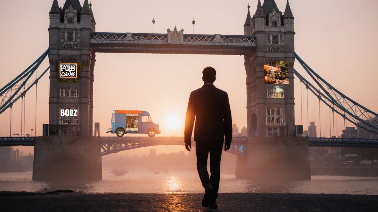 A solitary figure walking on Tower Bridge at sunrise, surrounded by faint memories of a budget-friendly London night.
