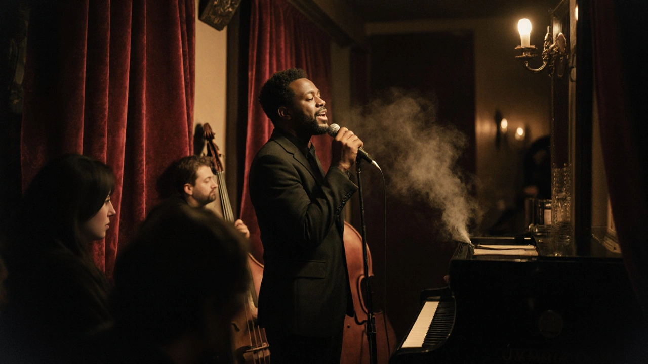A soul singer performs in dim light at The Jazz Café, surrounded by attentive listeners.