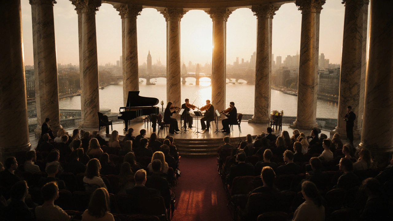 A string quartet performs at Queen Elizabeth Hall as sunset glows through windows overlooking the Thames.