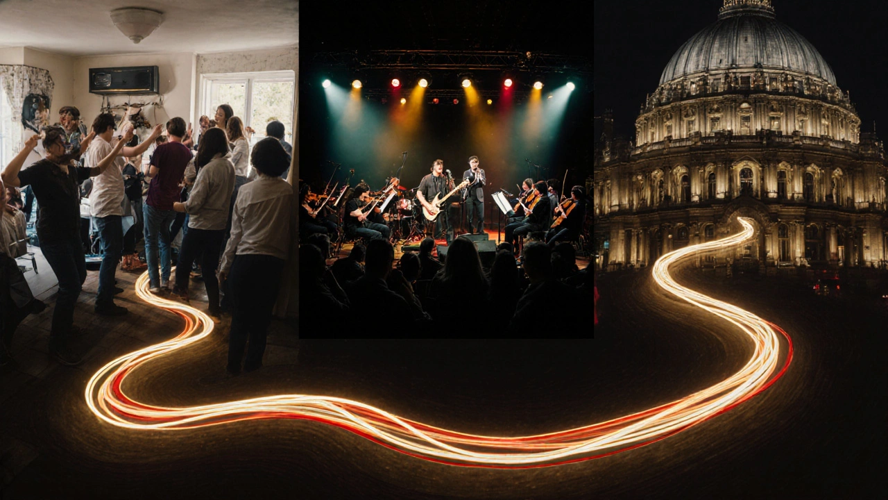 A surreal journey through London&#039;s music venues: from a flat pop-up to a grand concert hall, connected by the Tube.