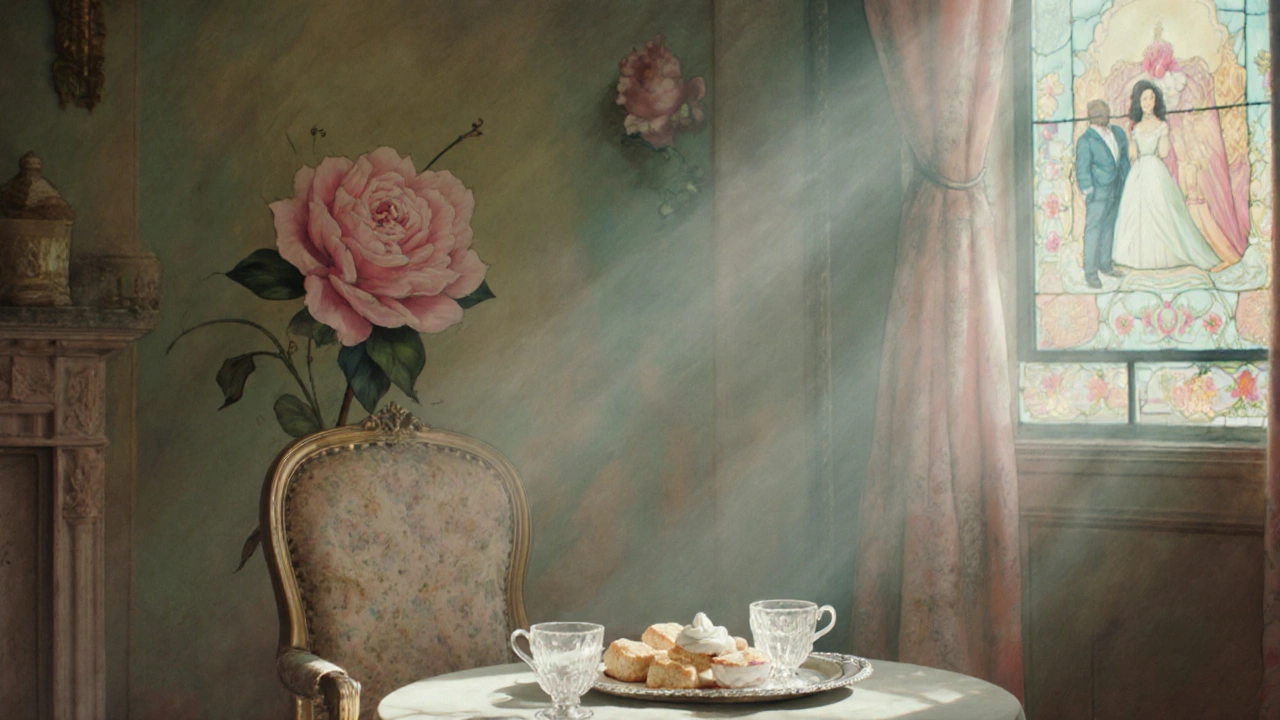 A surreal pink porcelain flower and afternoon tea set waiting in Sketch&#039;s Parlour.